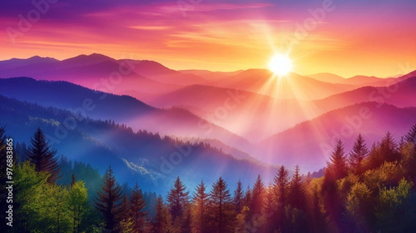 Obraz Vibrant Sunset Over Forest with Silhouetted Trees