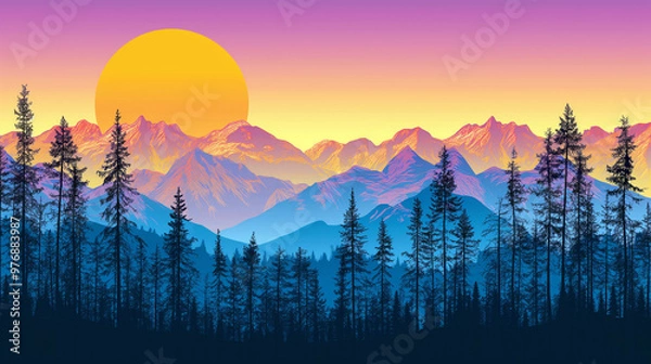 Obraz Vibrant Sunset Over Forest with Silhouetted Trees