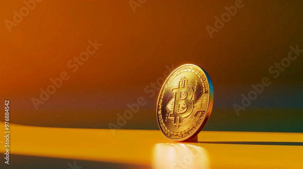 Fototapeta Golden Bitcoin Cryptocurrency with Minimalist Orange Backdrop
