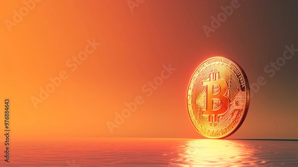 Obraz Golden Bitcoin Cryptocurrency with Minimalist Orange Backdrop