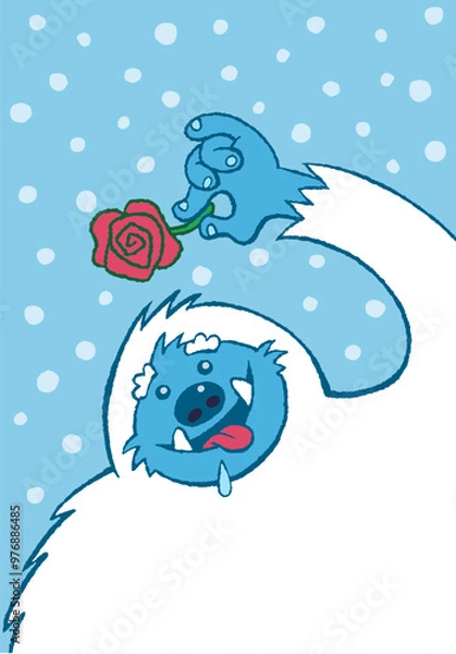 Obraz Slobbering Abominable Snowman holding a Romantic Red Rose