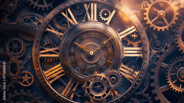 Fototapeta Intricate Vintage Clock with Dynamic Mechanical Design and Roman Numerals