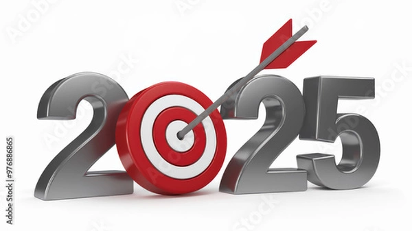 Obraz A 3D representation of the year 2025. The number '2025' is depicted in a metallic gray color, while the target symbol within it is colored red and white. An arrow is piercing the bullseye