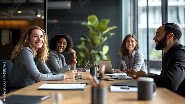 Fototapeta Diverse team of business professionals collaborating and smiling during a meeting.