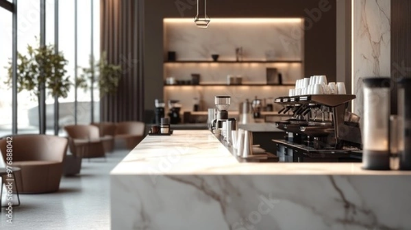 Fototapeta A coffee shop interior featuring marble countertops and sleek, modern furniture, creating a luxurious and stylish atmosphere.
