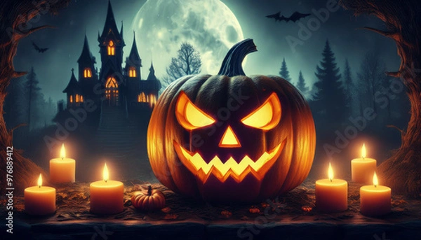 Fototapeta Halloween pumpkin head jack lantern and burning candles. Spooky forest, full moon and haunted castle