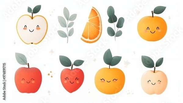 Fototapeta A Whimsical Collection of Cheerful Fruits with Adorable Faces and Lively Colors Set Against a Soft Background, Inviting Joy and Delight in Every Bite of Nature's Sweetness.