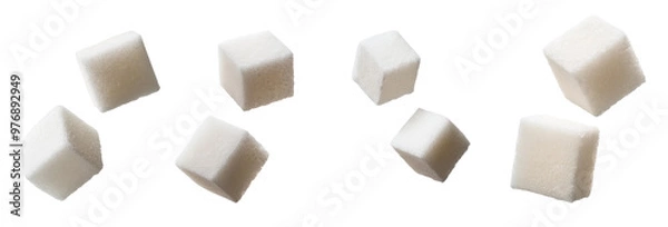 Fototapeta A collection of sugar cubes on a white background, ideal for culinary and beverage related themes and recipes.