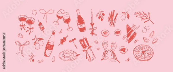 Fototapeta Girly food and wine pink background. Coquette style. La dolce vita concept. Design elements for Valentines Day greeting cards, wedding invitations, happy birthday designs. Minimalist illustration
