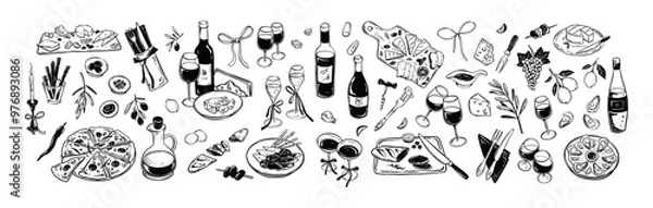 Fototapeta Minimalist food and wine hand drawn sketch set. Cheese platte, ousters plate, charcuterie Jamon and salami board, vine bottle, drink glass, champagne vector handwriting scribble drawing