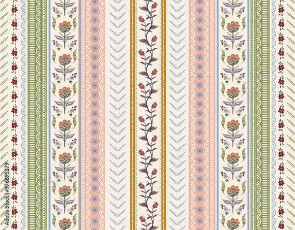 Fototapeta Trendy stylish Vertical Striped  floral pattern with paisley and indian flower motifs. damask modern style pattern