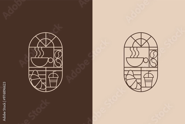 Fototapeta Coffee Logo with line art style icon design template vector. Retro style.  Vector illustration for Bakery and Coffee shop. Icons. Coffee bean, cup of coffee and croissant.