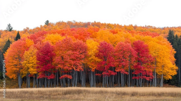 Fototapeta Autumn foliage showcasing vibrant red, orange, and yellow trees in a misty forest during fall