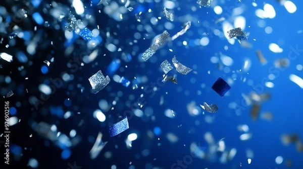 Obraz Silver and blue confetti falling on a blue background.