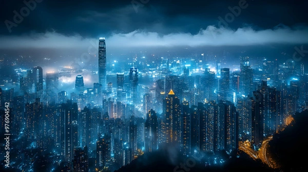 Fototapeta A breathtaking night view of a city skyline with skyscrapers illuminated by lights, shrouded in fog and clouds.