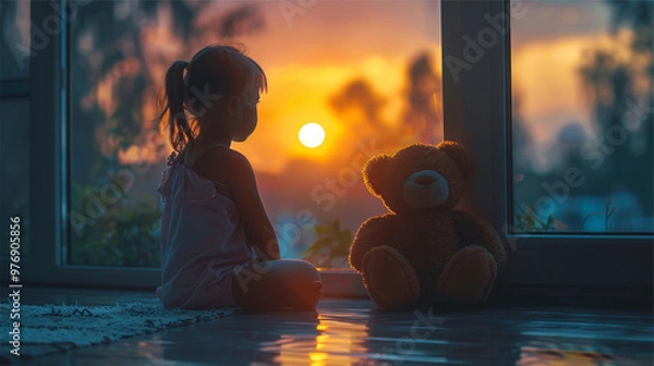 Obraz Sad Little Girl Sitting with Teddy Bear Alone