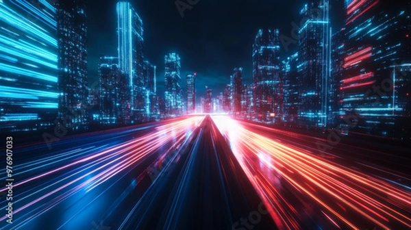 Fototapeta A futuristic cityscape at night showcasing glowing blue and orange lights along a highway, illuminated skyscrapers in motion