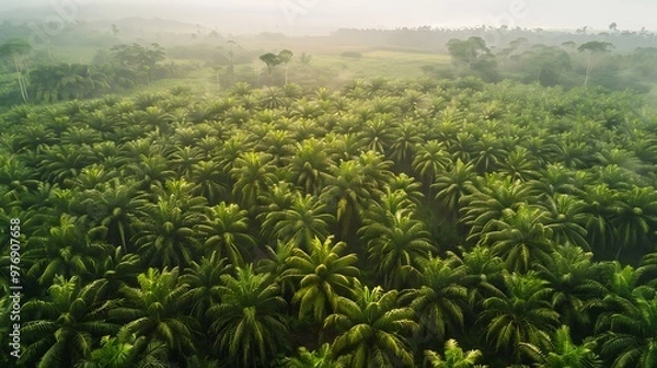 Fototapeta An high drone view shows how a tropical rain forest is being cut to erect and palm butter crops