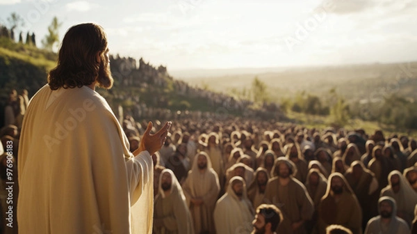 Fototapeta A depiction of Jesus preaching to a large crowd of followers, arms outstretched, symbolizing teaching, faith, and spiritual leadership in a biblical setting.
