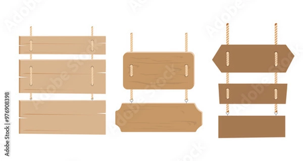 Fototapeta Wood signboard plank with ropes vintage element flat style, vector illustration.	