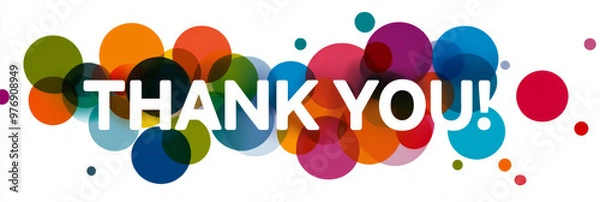 Fototapeta Bright "Thank You" text surrounded by overlapping colorful circles, creating a fun and modern abstract design of gratitude.
