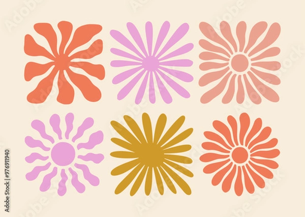 Obraz Retro Groovy Sun Naive Icon Set. Abstract Wavy Ray Logo in Trendy 70s Style. Boho Colorful Groovy Sun Psychedelic Vintage Background. Graphic Fun Hippie Poster. Abstract Summer Geometric Logo Template
