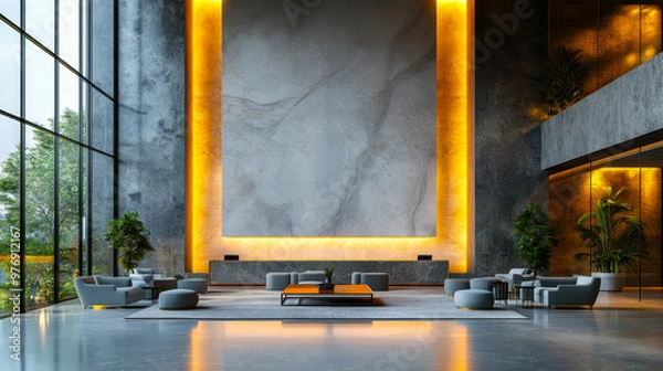 Fototapeta Modern Office Meeting Area with Stylish Minimalist Design and Blank White Wall Featuring Natural Light and Comfortable Seating for Business Discussions in Contemporary Corporate Environment