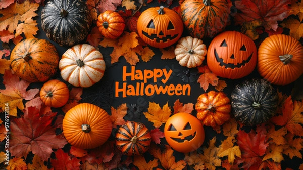 Fototapeta Colorful pumpkins and autumn leaves arranged for Halloween celebration in a festive autumn setting with vibrant colors