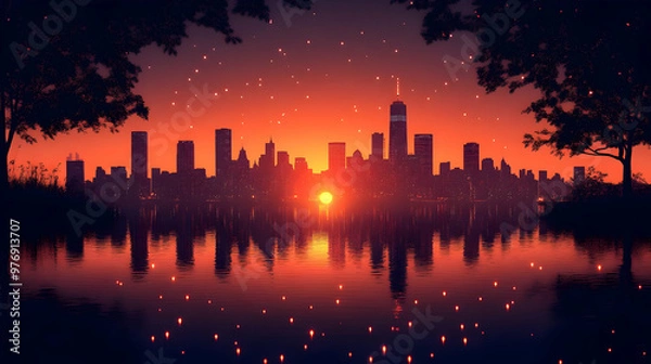 Fototapeta A cityscape silhouette at sunset, with a reflection in the water, framed by trees, with a sky full of stars.