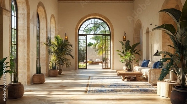 Fototapeta a fusion of spanish and italian styles in a mediterranean setting, capturing timeless elegance and a homely feel, home concept banner