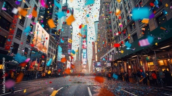Fototapeta Spectacular view of the Macy's Thanksgiving Day Parade with multi-colored confetti raining down on Manhattan's bustling streets isolated on a gradient background