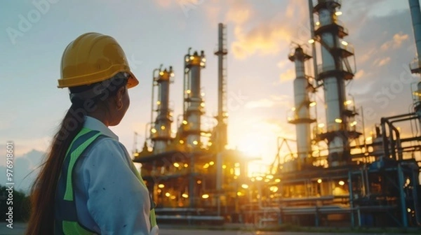 Obraz Refinery industrial engineers are working and discussing in front of oil and gas industrial plant. Refinery for industry.