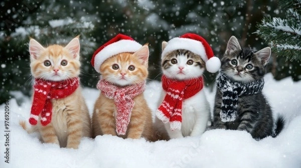 Fototapeta Four cute cats with vibrant scarves sit in the snow by a pine tree, capturing the joy of winter. One kitten wears a Santa hat, adding festive cheer to the winter scene