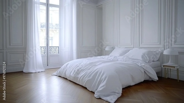 Fototapeta This serene bedroom showcases a spacious bed dressed in white linen, complemented by stylish bedside tables and curtains, creating a cozy atmosphere with warm tones