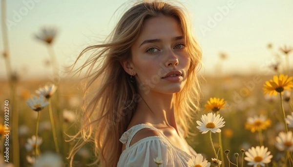 Fototapeta A photorealistic portrait of a young woman standing in a field of wildflowers. The light is soft and dreamy