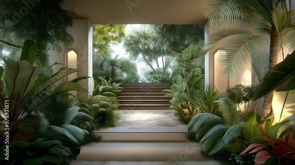 Fototapeta Tropical garden photography backdrop, palm trees and greenery. Stone building.