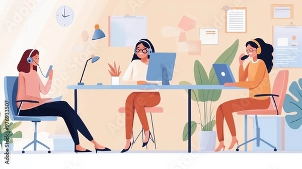 Fototapeta Three women working in office on laptops and phones. Modern business communication and teamwork.