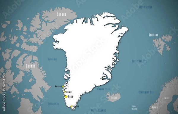 Fototapeta Map of Greenland. The capital and major cities are marked.