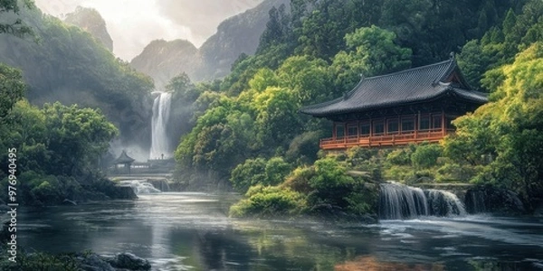 Obraz peaceful temple by a flowing river