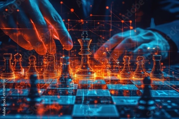 Fototapeta Strategic Thinking. Businessman Playing Digital Chess, Concept of Business Strategy and Technology