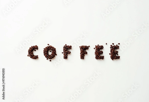 Fototapeta Top view of the word coffee written with coffee beans on white background with space for text