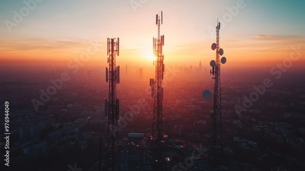 Fototapeta The tall, freestanding mobile tower is located in the center of urban areas, with an aerial view of city buildings at sunset.