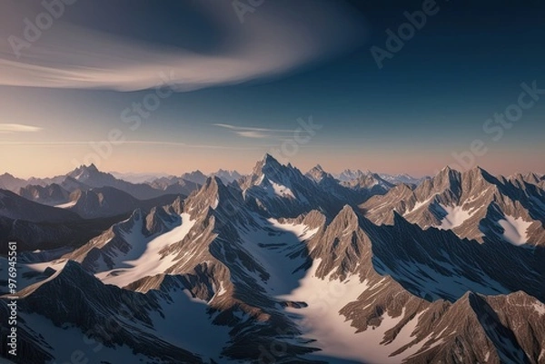 Fototapeta 3D Illustration of Majestic Mountain Range with Rugged Peaks and Serene Atmosphere