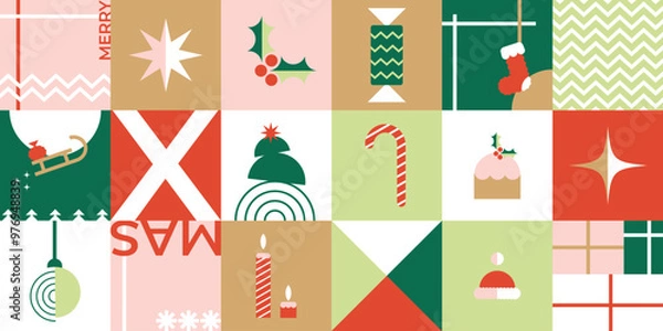 Obraz Merry Christmas  and Happy New Year geometric abstract ornamental elements. Christmas symbols. Modern Christmas geometric background. Bauhaus style