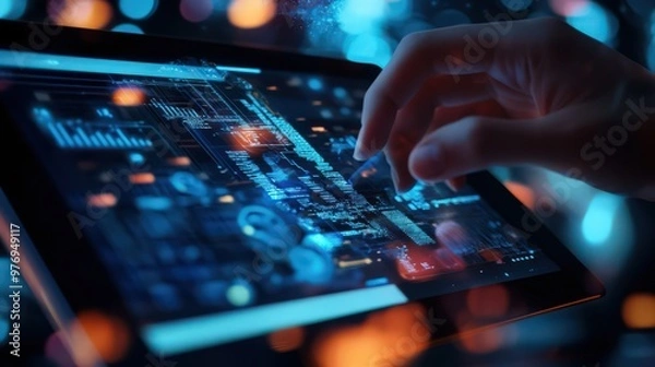 Obraz A software engineer leverages digital technology and AI on a digital tablet to manage big data, optimizing data science strategies for better insights.