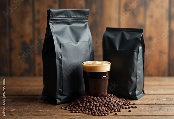 Fototapeta A coffee concept prepared for mockup, with a black coffee package with coffee beans on table	
