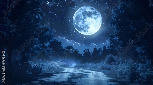Fototapeta Cosmic Solitude: Artwork of the Full Moon and Stars Illuminating the Nocturnal Sky