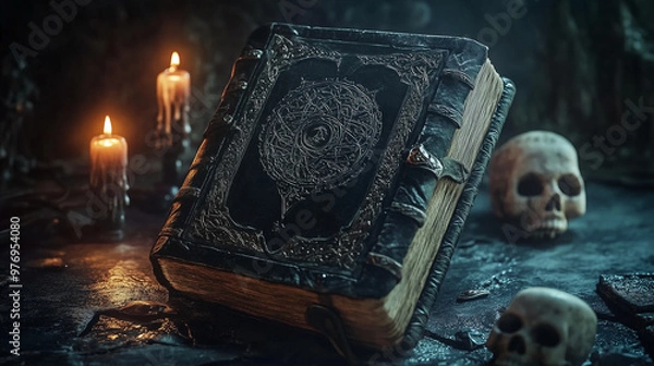 Obraz dark leather bound book with arcane symbols, open to reveal dark magic spells