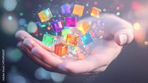 Fototapeta Vivid Surrealism: Transparent Hand Grasping Glowing Colorful Cubes in a Surreal Fantasy Effect, Generative AI