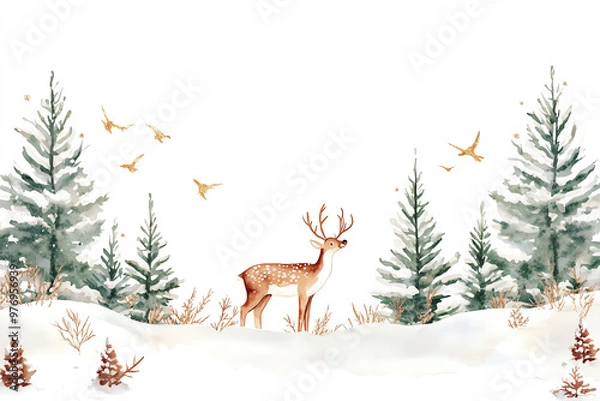 Obraz Illustrate a tranquil Christmas setting in nature through a watercolor design featuring wildlife